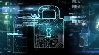 Çevrimiçi güvenlik asma kilit veri işleme ve arka plandaki ekranlar ağından akan dijital bilginin animasyonu. Dijital olarak oluşturulan küresel ağ ve veri işleme kavramı.