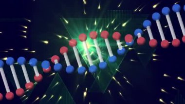 Siyah arka planda yüzen yeşil üçgenlerin ve DNA türlerinin animasyonu. Coronavirus Covid-19 pandemik konsept dijital bileşik.