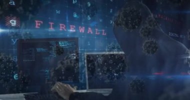 Kafkasyalı bir adamın kapüşonlu ve kar maskesi takıp dizüstü bilgisayar kullanan makro Covid-19 hücrelerinin dijital çizimi. Coronavirus Covid-19 pandemik konsept dijital bileşik