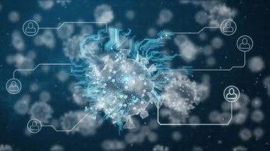 Sosyal simgelerle mikroişlemci bağlantılarından oluşan bir beynin üzerinde süzülen makro Covid-19 hücrelerinin dijital çizimi. Coronavirus Covid-19 pandemik konsept dijital bileşik