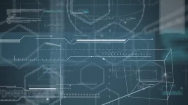 Geometrik şekillerin animasyonu, veri işleme ve dijital bilginin mavi arkaplandaki ekranlar ağından akışı. Küresel bilim ve veri işleme kavramı dijital olarak oluşturulmuş görüntü.