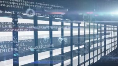 Veri işleme ve dijital bilginin animasyonu arkaplandaki bilgisayar sunucuları üzerinden ekranlar ağı üzerinden akıyor. Dijital olarak oluşturulan küresel ağ ve veri işleme kavramı.