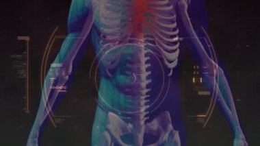 Üç boyutlu insan iskeleti modelinin dijital çizimi, siyah arkaplanda makro Covid-19 hücresi. Coronavirus Covid-19 pandemik konsept dijital bileşik