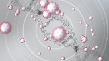 Beyaz arkaplanda dönen DNA ile birlikte yüzen makro Covid-19 hücrelerinin dijital çizimi. Coronavirus Covid-19 pandemik konsept dijital bileşik