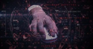 Bilgisayar faresi kullanan bir adamın üzerinde süzülen makro Covid-19 hücrelerinin dijital çizimi. Coronavirus Covid-19 pandemik konsept dijital bileşik