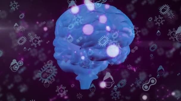 Цифрова Ілюстрація Макроклітин Covid Плавають Над Тривимірною Моделлю Людського Мозку — стокове відео