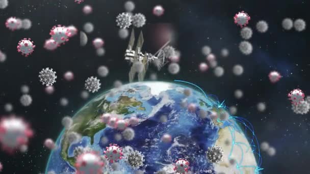 Цифрова Ілюстрація Макроклітин Covid Плавають Над Глобусом Обертається Супутникова Антена — стокове відео