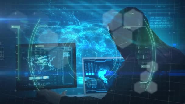 Illustration numérique de balayage de scope, macro Covid-19 cellule sur un homme portant un sweat à capuche, à l'aide d'un ordinateur. Coronavirus Covid-19 pandémie concept composite numérique 