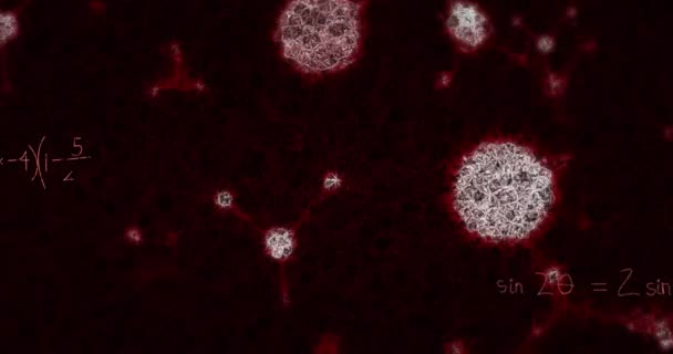 Animación Células Macro Covid Flotando Con Fórmulas Matemáticas Compuesto Digital — Vídeo de stock