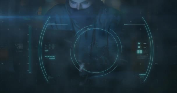 Illustration numérique de la cellule macro Covid-19 sur un homme caucasien portant une cagoule à l'aide d'un ordinateur portable. Coronavirus Covid-19 pandémie concept composite numérique 