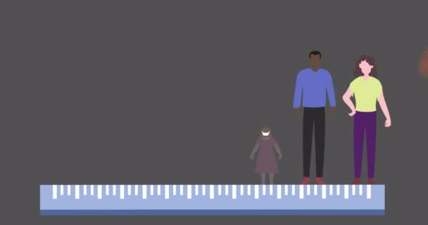 Пиктограммы Макрокоронавируса Ковида Появляются Над Цифровыми Генерируемыми Людьми Стоящими Линейке — стоковое видео
