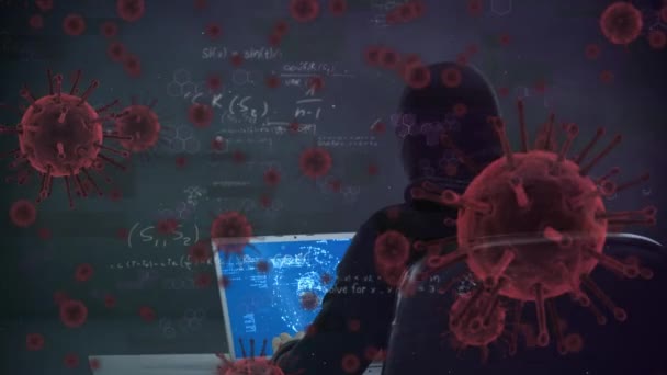 Цифрова Ілюстрація Макроклітин Covid Математичних Рівнянь Плавають Над Кавказькою Людиною — стокове відео