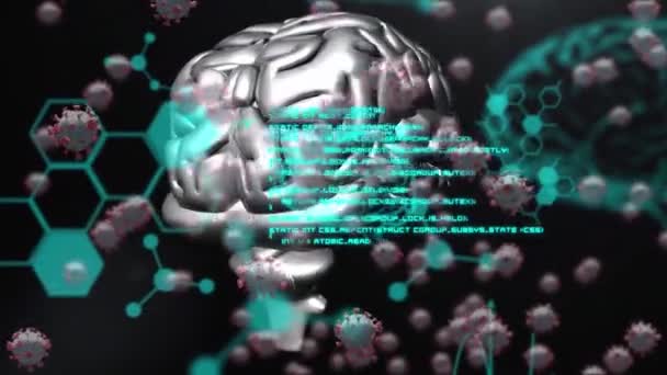 Boyutlu Beyin Modelinin Üzerinde Yüzen Makro Covid Hücreleri Mavi Moleküllerin — Stok video