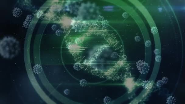 매크로 Covid 세포의 디지털 삽화는 위에서 회전하는 Dna 상태로 코로나 — 비디오