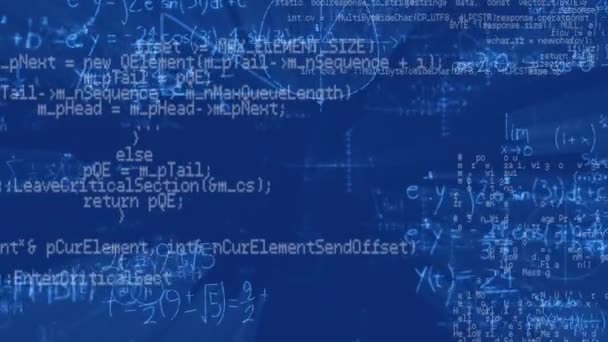 Animation de formules mathématiques, traitement de données et informations numériques circulant sur fond bleu. Concept mondial de réseau, de science et de traitement des données image générée numériquement .