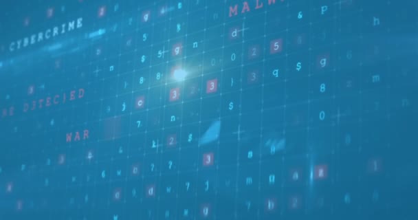 Animation d'avertissement de sécurité, de traitement de données et d'informations numériques circulant à travers le réseau d'écrans sur fond bleu. Concept de réseau mondial et de traitement des données image générée numériquement .