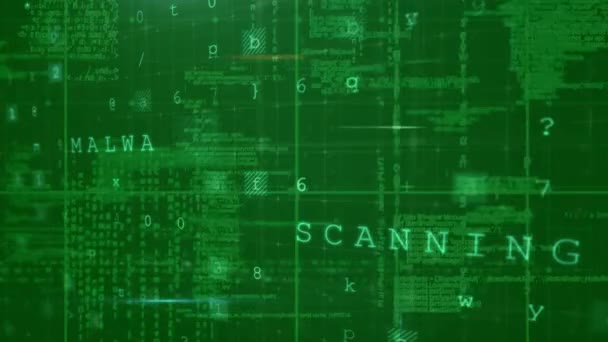 Animation d'avertissement de sécurité, traitement de données, informations numériques circulant à travers le réseau d'écrans sur fond vert noir. Concept de réseau mondial et de traitement des données image générée numériquement .