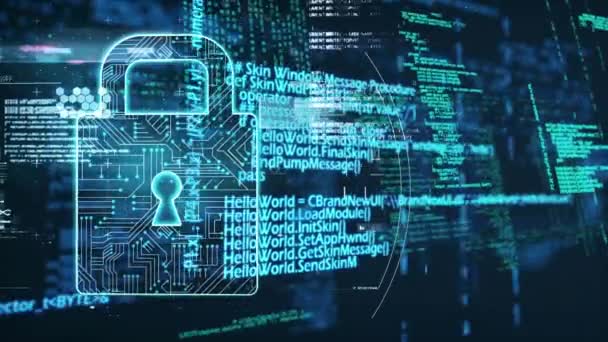 Animation du traitement des données du cadenas de sécurité en ligne et de l'information numérique circulant à travers le réseau d'écrans en arrière-plan. Concept de réseau mondial et de traitement des données image générée numériquement .