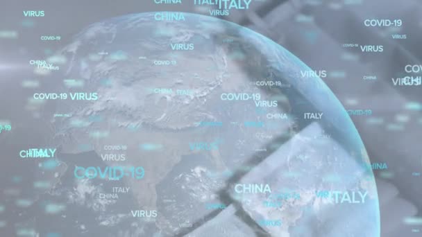 Ilustração Digital Nomes Países Flutuando Com Globo Girando Sobre Máscaras — Vídeo de Stock