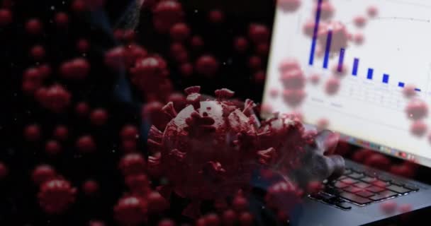 Цифрова Ілюстрація Клітин Макро Covid Плавають Над Чоловіком Светрі Використовуючи — стокове відео