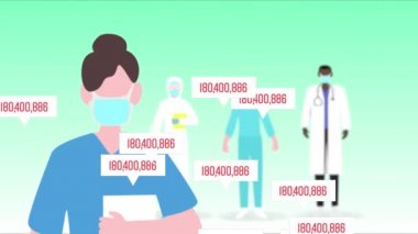 Kabarcık konuşmaları ve artan sayılarla birlikte tıbbi personelin animasyonları. Sosyal mesafeli koronavirüs Covid 19 salgın konsepti dijital olarak oluşturuldu.