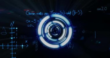 Siyah zemin üzerinde yüzen yuvarlak şekillerin ve matematiksel formüllerin animasyonu. Coronavirus Covid-19 pandemik konsept dijital bileşik.