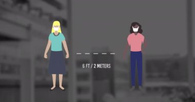 Yüz maskesi takan ve sosyal mesafeli insanların animasyonları. Sosyal mesafeli koronavirüs Covid 19 salgın konsepti dijital olarak oluşturuldu.