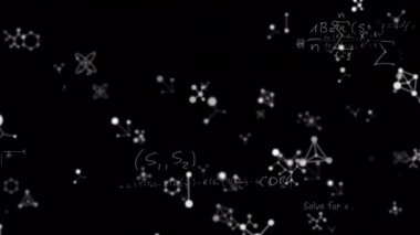 Siyah zemin üzerinde yüzen kimyasal grafiklerin ve matematiksel formüllerin animasyonu. Coronavirus Covid-19 pandemik konsept dijital bileşik.
