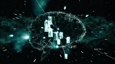 Siyah arkaplanda yüzen dijital beyin ikonu ve matematiksel formüllerin animasyonu. Coronavirus Covid-19 pandemik konsept dijital bileşik.