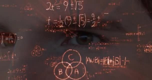 Animation Close View Eyes Caucasian Man Floating Mathematics Formulae Global — Stock Video