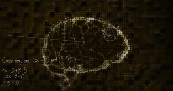 Animação Ícone Digital Cérebro Fórmulas Matemáticas Flutuando Sobre Fundo Preto — Vídeo de Stock