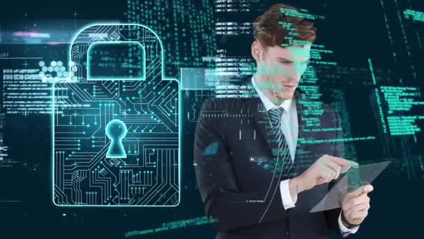 Animation d'un homme caucasien touchant un écran transparent, à l'aide d'une tablette interactive 3D avec icône de sécurité numérique flottant en arrière-plan. Économie mondiale et technologie concept numérique composite 