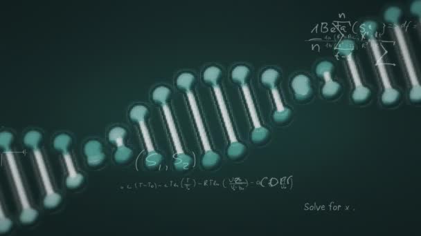 緑色の背景に浮かぶ数学式とDna株のアニメーション コロナウイルスCovid 19パンデミックコンセプトデジタル複合体 — ストック動画