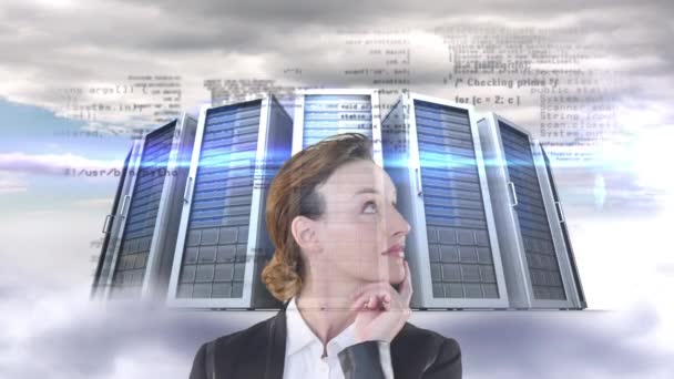 Animation Thoughtful Caucasian Woman Looking Floating Data Processing Servers Background — Stock Video