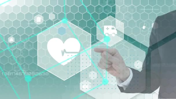 Animation d'une section médiane de l'homme touchant un écran 3D avec des icônes de santé flottant en arrière-plan. Santé et technologie concept numérique composite 