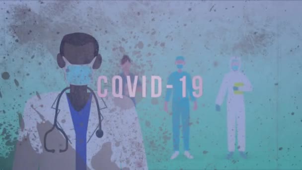 Animace piktogramů zdravotnického personálu v ochranných uniformách a skvrnách od špíny. Sociální distancing coronavirus Covid 19 ohnisko koncept digitálně generovaný obraz.