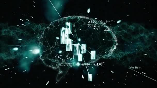 Animation d'une icône numérique du cerveau et de formules mathématiques flottant sur fond noir. Coronavirus Covid-19 pandémie concept composite numérique .