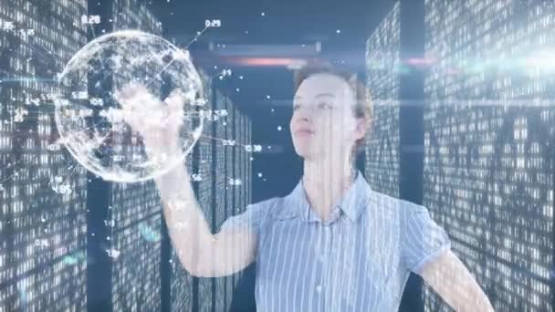 코카서스 화면에 사람을 네트워크로 연결하고 배경으로 지구본을 터치하는 애니메이션 경제와 — 비디오