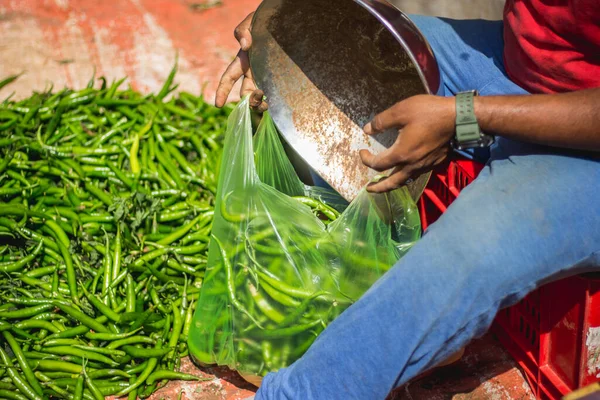 Sälja Chili Och Grönsaker Plastfodral Gatulivet För Indiska Människor Marknaden — Stockfoto