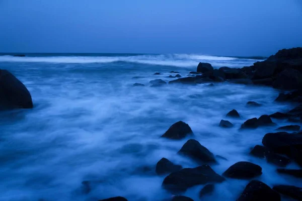 Sea Cape Beach Waves Rocks Long Exposure Mahabalipuram Beach Размытость — стоковое фото