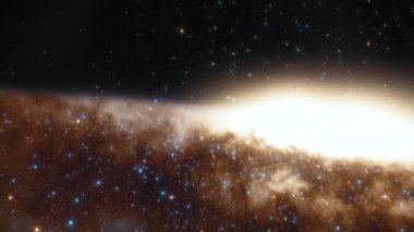 Uzay gemisi bir galaksi 4k animasyonunda ışık hızında uçar.