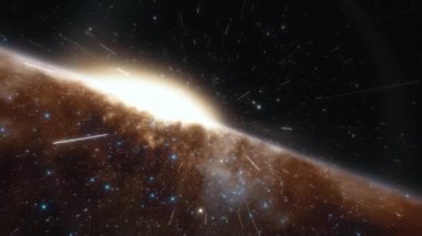 Uzay gemisi bir galaksi 4k animasyonunda ışık hızında uçar.