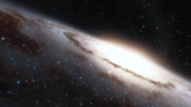Uzay gemisi bir galaksi 4k animasyonunda ışık hızında uçar.
