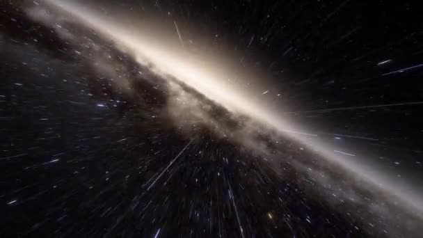 Nave espacial vuela a la velocidad de la luz a través de una galaxia — Vídeo de stock