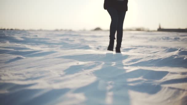 Primer plano de los pies de las mujeres caminando sobre la nieve — Vídeo de stock
