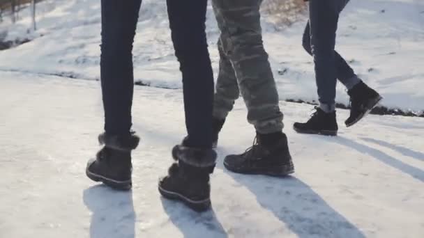 Feet walking in the snow friends walking on snow road — Stock Video