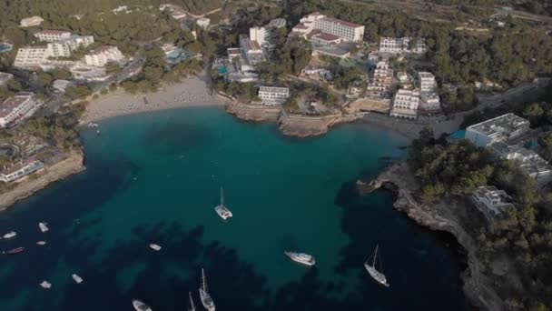 Vista aérea de muchos yates en una bahía en la isla de ibiza — Vídeos de Stock