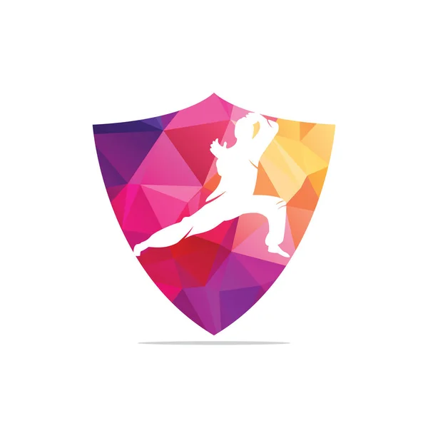 Karate sports and shield logo. martial art silhouette vector, fight sport logo design.