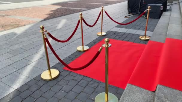 Elegante Alfombra Roja Larga Los Amplios Escalones Del Edificio Histórico — Vídeo de stock