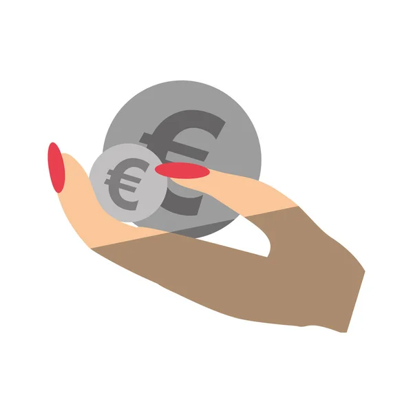 Mano humana con monedas euro icono aislado — Vector de stock